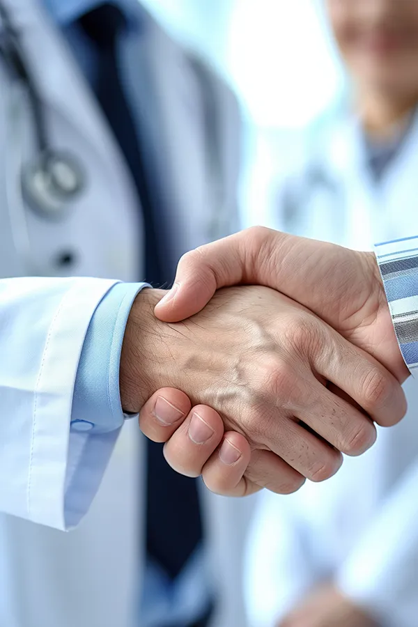 Adult-Physical-Exam-Treatment A clinician shakes hands with a patient. Get adult physical exams from Nonkulie Dladla, M.D. in Manhattan.