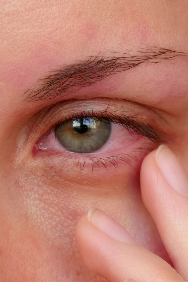 Allergic-Conjunctivitis-Treatment Close-up of a woman touching the edge of her eye which is red due to allergy irritation. Get treatment for allergic conjunctivitis from Nonkulie Dladla, M.D. in Manhattan.