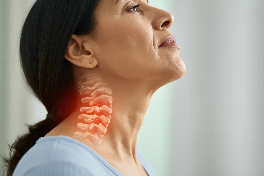 Degenerative-Disc-Disease-Clinic A middle-aged woman with a 3D illustrated spine transposed over her neck. Get treatment for degenerative disc disease from Nonkulie Dladla, M.D. in Manhattan.