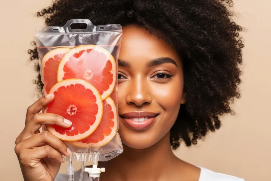Glutathione-IV-Clinic A woman holds an IV bag filled with fruit. Get glutathione IV therapy from Nonkulie Dladla, M.D. in Manhattan.