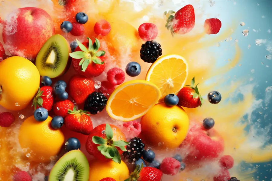 High-Dose-Vitamin-C-Clinic Illustration of vitamin infused fruits bursting. Schedule High Dose Vitaman C IV treatment from Nonkulie Dladla, M.D. in Manhattan.