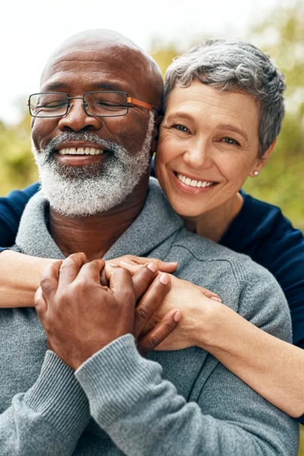 Hormonal-and-Vitality-Peptides-Treatment A middle-aged black man and white woman embrace outside. Get Hormonal and Vitality Peptide Treatment from Nonkulie Dladla, M.D. in Manhattan.