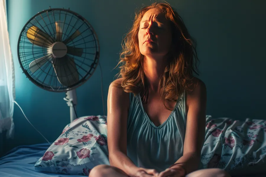 Hot-Flashes-and-Night-Sweats-Clinic A middle-aged red-haired woman sits in bed sweating with a fan behind her, unable to sleep. Get treatment for hot flashes and night sweats from Nonkulie Dladla, M.D. in Manhattan.
