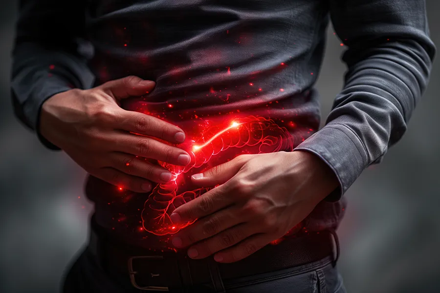 Inflammotory-Bowel-Disease-IBD-Clinic A man clutches his abdomen, with a digital illustration of inflamed intestines glowing in red. Nonkulie Dladla, M.D. offers advanced inflammatory bowel disease (IBD) treatment in Manhattan using functional medicine and gut-focused therapies.