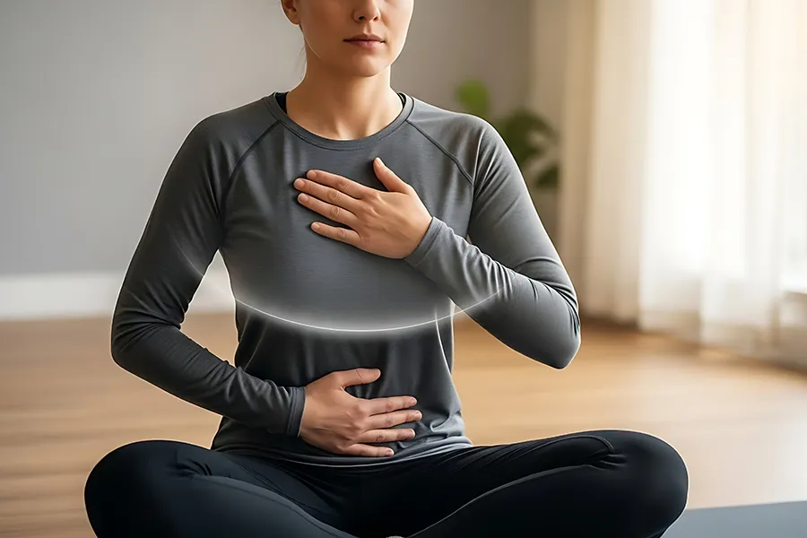 Kailo-Somatic-Release-Clinic A woman breathes while holding her chest and abdomen. Get Kailo Somatic Release treatment from Nonkulie Dladla, M.D. in Manhattan.