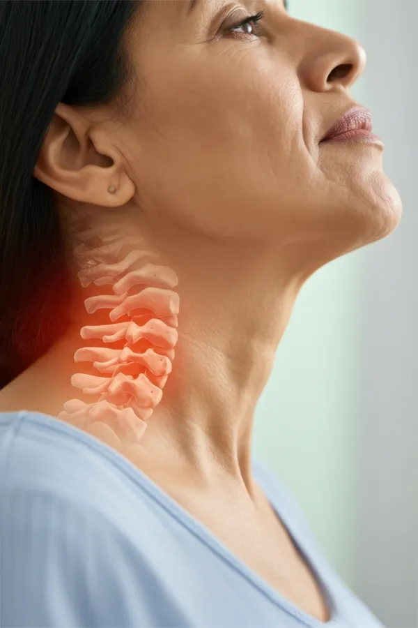 Regenerative-Medicine-for-Neck Pain-Treatment A woman with an illustration of an inflamed spinal column in her neck. Get Regenerative Medicine for Neck Pain from Nonkulie Dladla, M.D. in Manhattan.