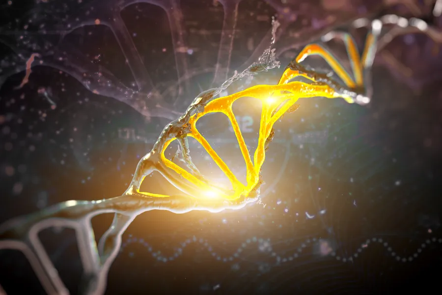 Stem-Cell-IV-Therapy-Clinic 3D illustration of a gold-glowing DNA strand. Get Stem Cell IV Therapy from Nonkulie Dladla, M.D. in Manhattan.